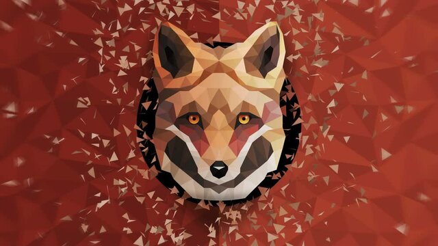 Polygonal Fox background. Animal head. Low polygon loop animation. Geometric wildlife. Polygonal animal portrait.