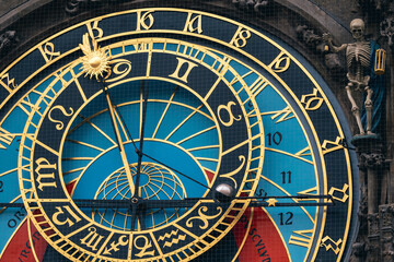 Fototapeta na wymiar Prague Astronomical Clock Prazsky Orloj Dial Detail on Old Town Hall with a Skeleton Representing Death