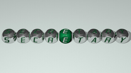 crosswords of secretary arranged by cubic letters on a mirror floor, concept meaning and presentation. business and office