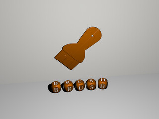 3D representation of BRUSH with icon on the wall and text arranged by metallic cubic letters on a mirror floor for concept meaning and slideshow presentation. background and illustration