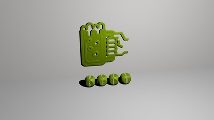 3D representation of beer with icon on the wall and text arranged by metallic cubic letters on a mirror floor for concept meaning and slideshow presentation. illustration and alcohol