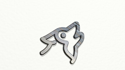 wolf howl on the wall. 3D illustration of metallic sculpture over a white background with mild texture. animal and design
