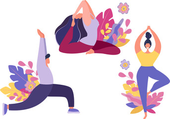 Male and female characters sport activities set. People doing sports, yoga exercise, fitness, workout in different poses, stretching, healthy lifestyle, leisure. Cartoon flat vector illustration.