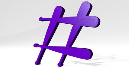 Obraz premium HASHTAG OF BASEBALL BATS on the wall. 3D illustration of metallic sculpture over a white background with mild texture. concept and social