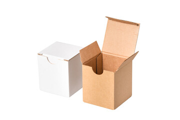 Set of brown and white cardboard boxes, isolated