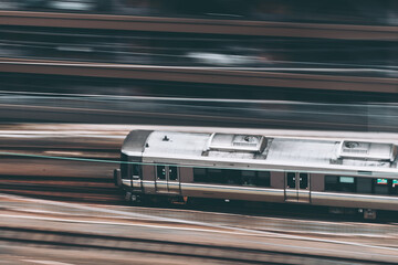 Electric train moving through city 