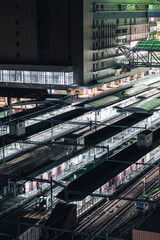 Fototapeta premium City train station with multiple platforms at night 