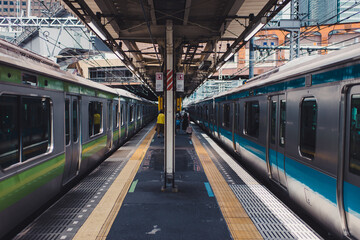 Inner city train station with trains either side of platform 