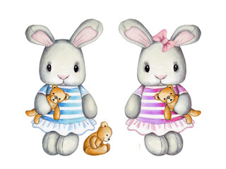Cute cartoon bunny rabbits hares with toy bears. Watercolor hand drawn illustration, isolated.