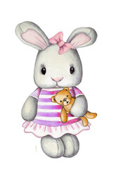 Fototapeta na wymiar Cute cartoon bunny rabbit hare with toy bear. Watercolor hand drawn illustration, isolated.
