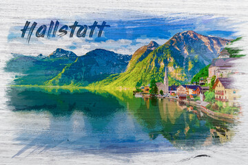 Watercolor painting of Hallstatt in Austria, Europe