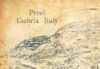 Sketch of village Preci in Umbria, Italy