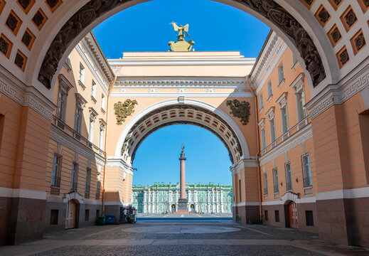 Palace square with Hermitage museum and Alexander column, Saint Petersburg, Russia