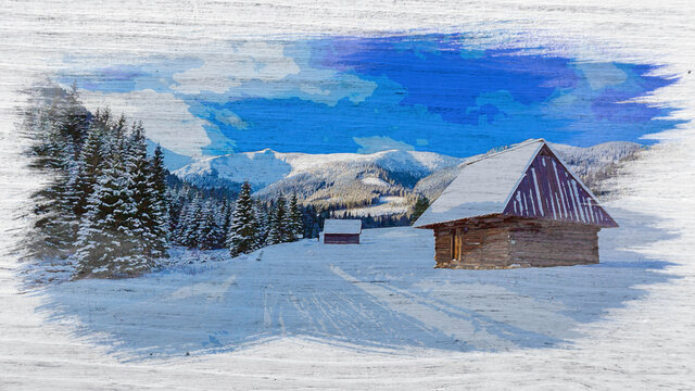 Watercolor painting of snowy wooden cottages in winter, Tatra Mountains