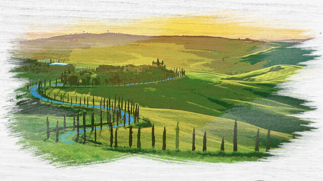Sunset over the winding road with cypresses, Tuscany, watercolor painting