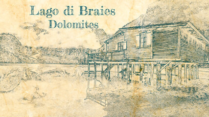 Sketch of Lago di Braies in Dolomites, Italy