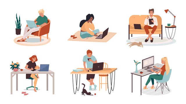 Collection of man and woman at home work or job. Set of cartoon people working remotely from living room or kitchen. Comfortable workspace interior. Workplace and freelance concept. Cartoon freelancer