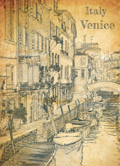 Naklejki  Kilka łodzi na kanale w Wenecji, szkic na starym papierze
