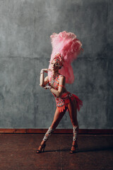 Woman in samba or lambada costume with pink feathers plumage.