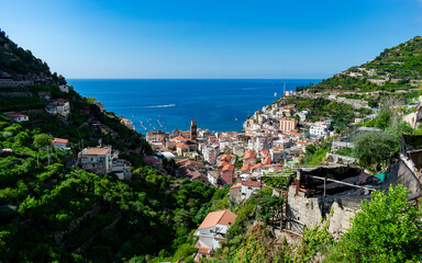 Fototapeta na wymiar Italy, Campania, Minori - 16 August 2019 - Minori on the Amalfi coast is surrounded by greenery