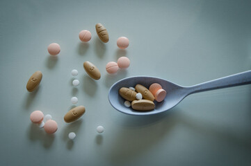 Medicine. Pharmaceutical. Pills of different shapes and sizes.