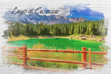 Watercolor painting of Carezza lake in summer, Dolomites, Italy