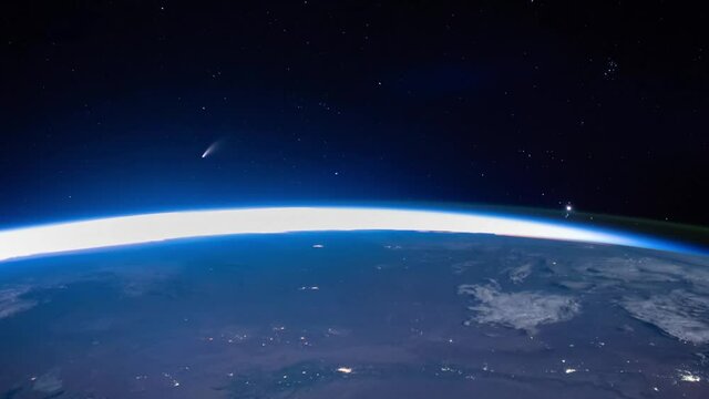 Comet Neowise Space view and sunrise scene from International Space Station (ISS), Public Domain images from Nasa. Time lapse.