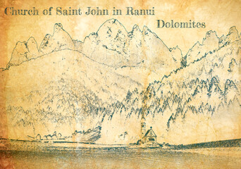 Church St. Johann in Ranui, Dolomites, sketch on old paper