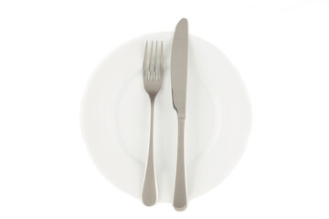 Dining etiquette - the meal is over or finished. Fork and knife signals with location of cutlery set. Photo isolated on white background. Set of foto 1 from 7