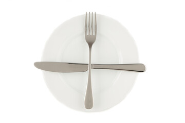 Ready for second plate. Dining etiquette. Table manner. Knife and fork sign. Set of foto 3 from 7