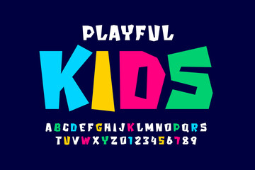 Kids style colorful font, playful alphabet letters and numbers