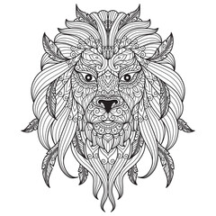 Hand drawn sketch illustration of lion head for adult colouring book.