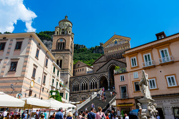 Obraz premium Italy, Campania, Amalfi - 16 August 2019 - The town of Amalfi with its beautiful church