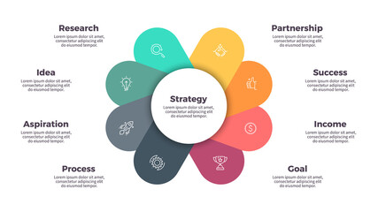 Business infographic. Organization chart with 8 options. Vector template.