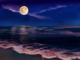 creepy moon and night time oceanscape
