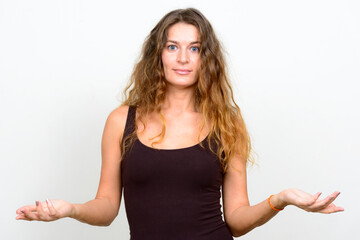 Portrait of young beautiful woman with curly blond hair