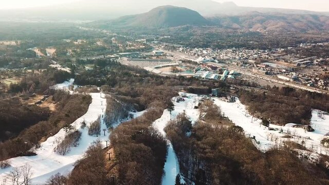 Aerial view of snowy mountain ski resort in Myoko, Niigata, Japan