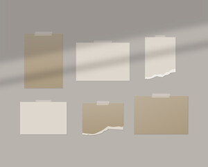 Mood board mockup template. Empty sheets of white paper on the wall with shadow overlay. Mockup vector isolated. Template design. Realistic vector illustration.
