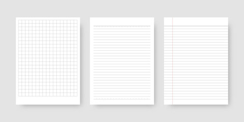 Notebook paper set. Sheet of lined paper template. Mockup isolated. Template design. Realistic vector illustration.