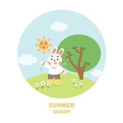 Happy rabbit in the forest. Cute cartoon character with a landscape background. Vector illustration.