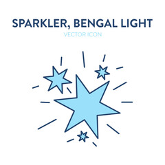Sparkler fire icon. Big flashes from a lit sparkler. Vector outline illustration of an ignited bengal light creating bright and beautiful flashes in a shape of a star