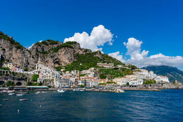 Fototapeta na wymiar Italy, Campania, Amalfi - 16 August 2019 - The beautiful Amalfi seen from the sea