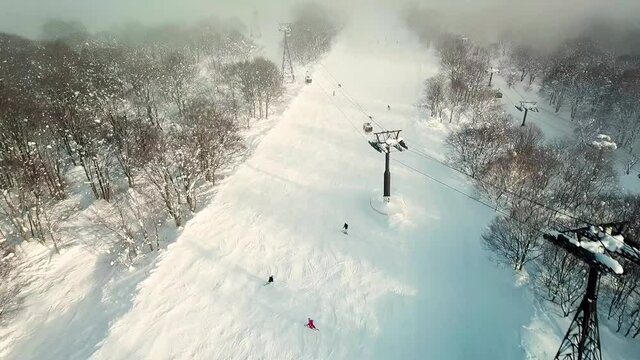 Aerial view of skiers at ski resort in Myoko, Niigata, Japan