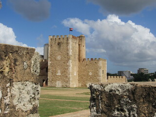 Old Castle at Santo Domingo with national flag, Dominican Republic