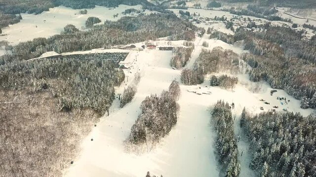 Aerial view of skiers at ski resort in Myoko, Niigata, Japan