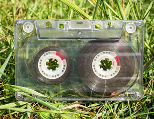Close up detail with an old vintage cassette tape .