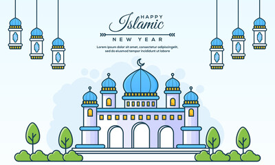 Flat design of mosque for islamic new year / Muharram concept on Background Vector