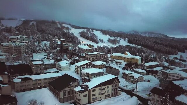 Aerial view of snowy mountain ski resort in Myoko, Niigata, Japan