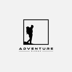 adventure logo design templates, with the icon of people in mountain climbing