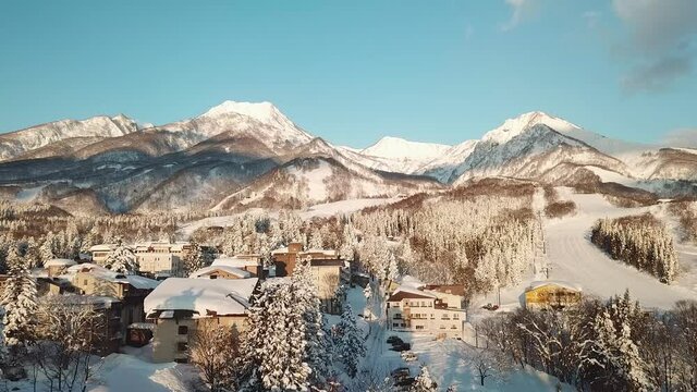 Aerial view of snowy mountain ski resort in Myoko, Niigata, Japan